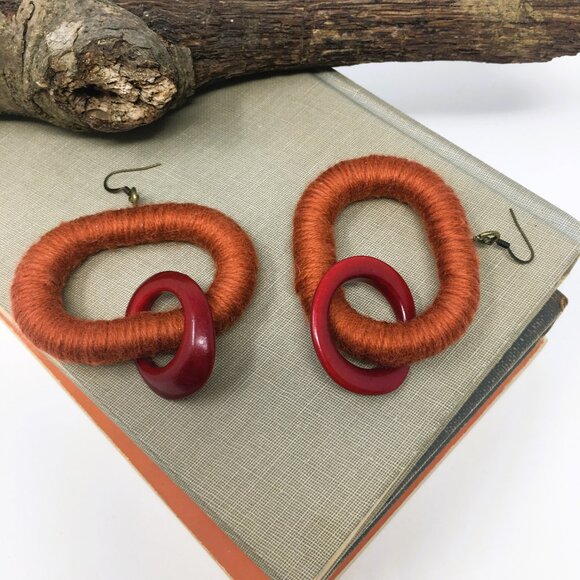 Handmade Oval Burnt Orange Acrylic Wrapped Chunky Dangle Chain Earrings - Picture 2 of 16